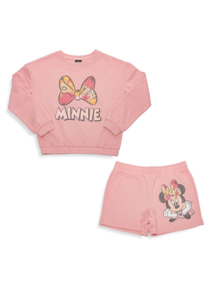 Kids & Baby Minnie Mouse | Girl'S Disney Minnie Bow Floral Sweatshirt & Shorts 2-Piece Set