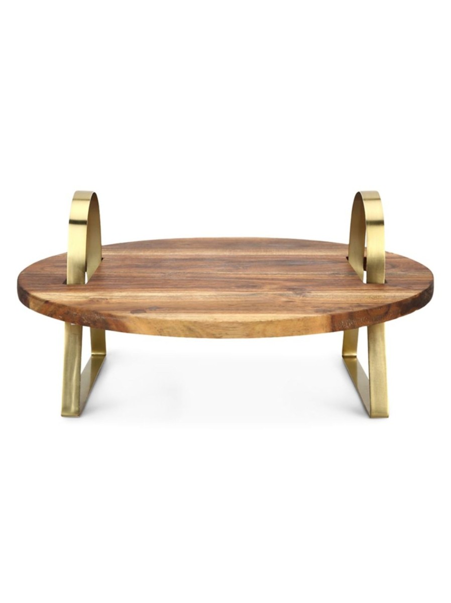 Home Living Anko Serveware | Acacia Round Serving Stand With Goldtone Handles