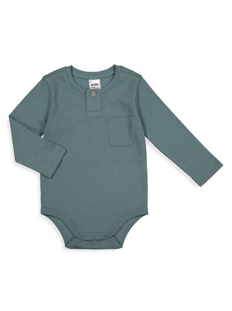 Kids & Baby Anko | Baby'S Brushed Rib Henley Long-Sleeve Bodysuit